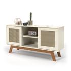 Rack Buffet Rattan 2 Portas Pés em Madeira Pino - Off White - Ofertamo