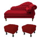 Recamier Divã Larissa Esquerdo quem Senta 150cm e 2 Puffs Retrô Suede Vermelho - DL DECOR