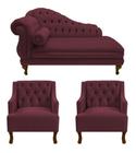 Recamier Larissa 185 cm e 2 Poltronas Genesis Suede Vermelho Bordo - LM DECOR