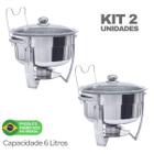 Rechaud Redondo De Aço Inox 6 Litros Banho Maria Tecnocuba Richo Buffet festa restaurante fogareiro queimador de álcool tampa de vidro - Kit 2 unid