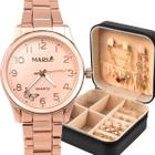 relogio banhado feminino colar pulseira + porta joia aco presente casual silicone ajustavel rose brincos original social