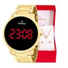 Relógio Champion Feminino Digital Dourado CH40142H Colar e Brincos