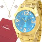 Relógio Champion Feminino Dourado Azul Prova d'água com 1 ano de garantia com colar e brincos