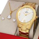 Relógio Champion Feminino Dourado Branco Original 1 ano de garantia com colar e brincos