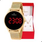 Relógio Champion Feminino Dourado Digital Led Vermelho CH40133V Colar e Brincos