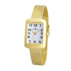 Relogio Champion Feminino pequeno quadrado retangular dourado banhado com numeros pulseira malha de aço mesh CF24279H