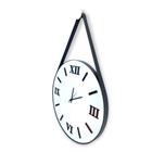 Relógio de Parede ADNET 40cm, Fundo Branco, Algarismos Romanos 3D Pretos, Alças em Couro cor Preta