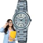 Relógio de Pulso Casio Feminino Analógico Resistente Àgua Casual Redondo Pequeno Aço Inox Quartz Estiloso Clássico Prata LTP-V002D-7BUDF