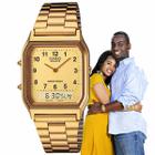 Relógio de Pulso Casio Feminino Masculino Analógico Digital Vintage Hora Dupla Quadrado Moderno Elegante Casual Dourado AQ-230GA-9BMQ