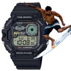 Relógio de Pulso Casio Masculino Tábua de Marés Dual Time Hora Mundial Prova D'agua 100 Metros Digital Esportivo Surfista Preto WS-1700H-1AV