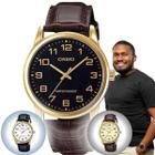 Relógio de Pulso Masculino Casio Casual Quartz Analógico Redondo Pulseira de Couro Dourado MTP-V001GL