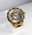 Relógio de Pulso Masculino Cor Dourado Ouro Visor Branco cinza em Aço Quartzo Grande