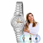 Relógio de Pulso Orient Feminino Pequeno Mini Redondo Casual Resistente Água Aço Inóx Automático Prata 559WA6NH