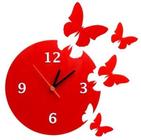 Relógio Decorativo Borboletas Acrílico Vermelho Sala Quarto