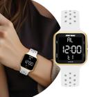 Relógio Digital Feminino de Pulso com Pulseira de Silicone à Prova D Água Quadrado Luxo Elegante Fashion Branco e Dourado Mormaii