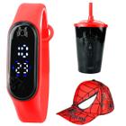 Relogio Digital Infantil Prova Dagua + Boné Homem Aranha Heroi + Copo Temático - Presente de Menino - Orizom