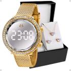 Relógio Digital Led Feminino Dourado Pedras Brilhante Moda Luxo + Colar Brinco Strass Garantia - Orizom