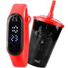 Relógio Digital Prova D'água Bracelete Vermelho Pulseira Ajustável + Copo Herói