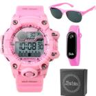 Relogio digital prova dagua infantil + oculos sol alarme esportivo presente silicone rosa cronometro