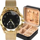 Relogio dourado banhado + pulseira + brincos fundo preto casual qualidade premium original presente