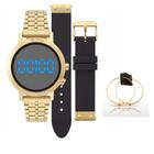 Relógio Dourado Digital Azul Euro Feminino Com 2 Pulseiras C/brincos foleados