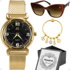 Relogio feminino aço banhado + pulseira + oculos sol + caixa inoxidável ajustavel moda personalize
