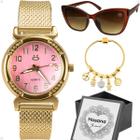relogio feminino aço dourado + oculos sol + pulseira + caixa moda fundo rosa presente marrom social