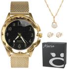 Relogio feminino aço dourado prova banhado + colar + pulseira silicone pulseira ajustavel moda