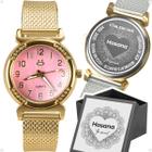 relogio feminino aço inox dourado banhado silicone + caixa casual moda qualidade premium personalize