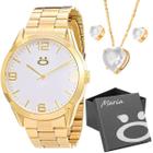 Relogio feminino aço inox dourado + brincos + caixa + colar social casual qualidade premium moda