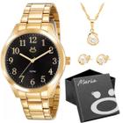 Relogio Feminino Aço Inox Dourado + Colar + Caixa + Brincos