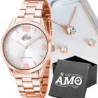 Relogio feminino aço rose + caixa + pulseira + colar original presente edição limitada casual strass