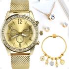 relogio feminino aço strass + pulseira social qualidade premium dourado redondo moda - Orizom