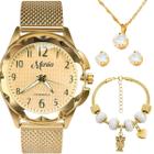 relogio feminino banhado aço inox + colar strass social casual presente inoxidável qualidade premium moda pulseira