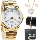 Relogio feminino banhado + colar aço strass + pulseira social casual qualidade premim presente