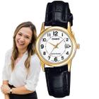 Relógio Feminino Casio Analógico Redondo Pequeno Prova D'água Quartz Pulseira Couro Social Dourado LTP-V002GL-7BUDF