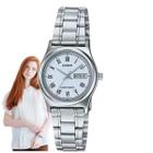 Relógio Feminino Casio Collection Classico Casual Pequeno Redondo Resistente Água Aço Inóx Calendário Analógico Casual Prata LTP-V006D-2BUDF