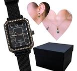 Relógio Feminino Casual Dourado Luxo + Colar + Par Brincos