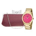 Relógio Feminino Champion Analógico Dourado e Rosa CN29410E Bolsa Clutch