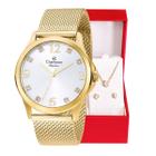 Relógio Feminino Champion Analógico Dourado Pulseira Mesh CN24093B Colar e Brincos