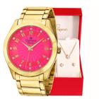 Relógio Feminino Champion Analógico Dourado Rosa Prova D'agua CN29409J Colar e Brincos