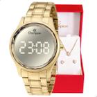 Relógio Feminino Champion Dourado Espelhado Digital CH48019B Kit Colar e Brincos