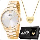 relogio feminino dourado aço + colar coração amor social qualidade premium inoxidavel casual original edição limitada presente moda