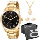 Relogio feminino dourado aço inox + colar + brincos + caixa casual moda presente strass social