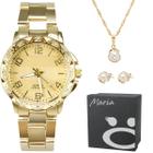 Relógio Feminino Dourado Aço Strass + Caixa + Colar Brincos - Orizom