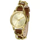 Relógio Feminino Dourado Lince Pulseira Couro Marrom com NF