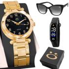 Relogio Feminino Dourado Original Aço + Caixa + Oculos + Bracelete Digital Delicado Ajustavel - Orizom