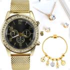 relogio feminino dourado redondo social fundo preto+ pulseira moda pandora dourada + colar e brincos de strass