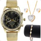 relogio feminino dourado strass + pulseira + brincos + colar social qualidade premium presente moda