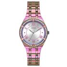 Relógio feminino GUESS, caixa roxa de 36 mm, mostrador prateado com pulseira